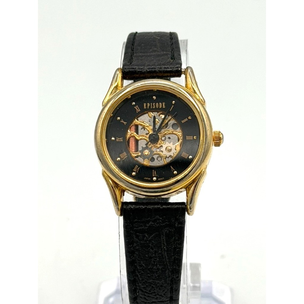 Episode Men's Gold Tone Skeleton Style Quartz Watch Black Leather Running